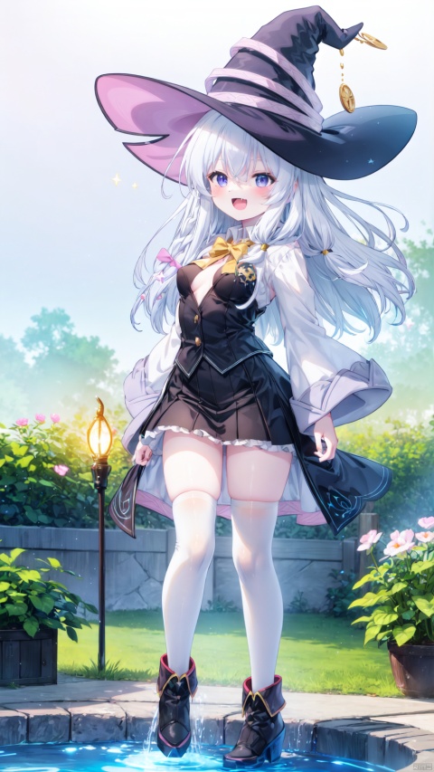 witch,elaina (majo no tabitabi),1girl,petite child(1.5),aged down,extremely delicate and beautiful girls,narrow waist,((very small breasts)),Glowing skin,Delicate cute face,blush sticker,blush,witch hat,witch robe,white collared vest,big yellow bow,fine fabric emphasis,ornate clothes,violet eyes,beautiful detailed eyes,Glowing eyes,((star in eye)),((Silver gray hair)),((hair spread out,hair bow)),ahoge,very long hair,Extremely delicate hair,Thin leg,white thighhighs,Slender fingers,steepled fingers,(beautiful detailed hands),mischievous smile(expression),art shift,outstretched arm,aiming at viewer at viewer,:d,open mouth,fangs out,long fang,beautiful detailed mouth,gold stars(ornament),garden,fountain,hyper realistic,magic,4k,incredible quality,best quality,masterpiece,highly detailed,extremely detailed CG,cinematic lighting,light particle,backlighting,full body,high definition,detail enhancement,(perfect hands, perfect anatomy),8k_wallpaper,extreme details,colorful, elaina (majo no tabitabi)