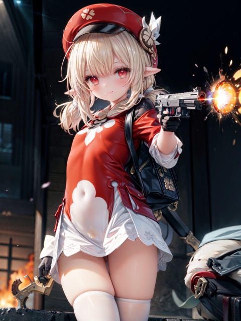klee (genshin impact),ornate clothes, gloves, hat, low twintails, blonde hair, small breasts, pointy ears,Aiming a pistol at the audience, aiming at viewer, Red Elementary school backpack,blush, ((red eyes)), Glowing eyes,  delicate and lovely face, mischievous smile(expression),tongue out, thighhighs, Thin leg,explosion(background), explosion, night, magic, best quality, masterpiece, extremely detailed CG, 8k_wallpaper