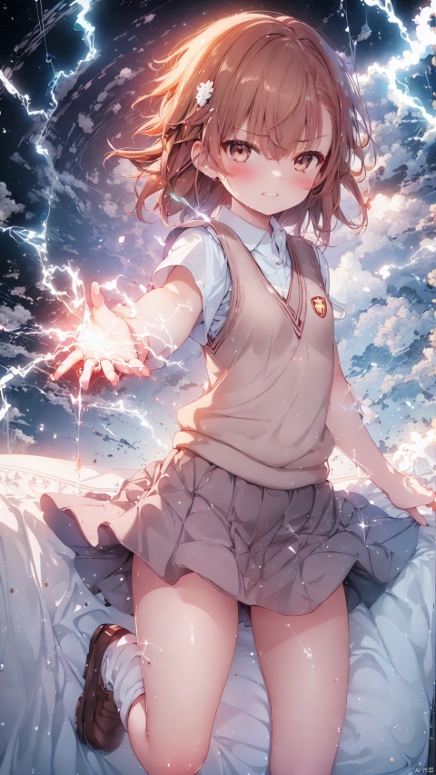 lightning background,misaka mikoto,Little girl(1.5),aged down,beautiful detailed girl,Glowing skin,steaming body,narrow waist,(very small breasts),Delicate cute face,blush sticker,blush,(tokiwadai school uniform),sweater vest,White shirt,electric arc surrounds the entire body,Body releases lightning outward,Purple electric arc injected into the girl's body,fine fabric emphasis,brown eyes,beautiful detailed eyes,Glowing eyes,((raised eyebrow,tsurime,half-closed eyes)),((brown hair)),((hair spread out,floating hair)),short hair,glowing hair,Extremely delicate hair,Thin leg,white loose socks,brown footwear,Slender fingers,steepled fingers,shiny nails,(beautiful detailed hands),((outstretched hand,electricity Surrounding Hand,Hand emitting electricity)), >:((expression),raised eyebrow,scowl,v-shaped eyebrows,clenched teeth,scowl at viewer,beautiful detailed mouth,lightning(ornament),bedroom,bed,too many electricity,hyper realistic,magic,4k,incredible quality,best quality,masterpiece,highly detailed,extremely detailed CG,cinematic lighting,light particle,backlighting,full body,high definition,detail enhancement,(perfect hands, perfect anatomy),8k_wallpaper,finely detailed,extreme details,colorful,Lightning,misaka_mikoto, shuiwa,glowing,Dianhuun and growing lightning