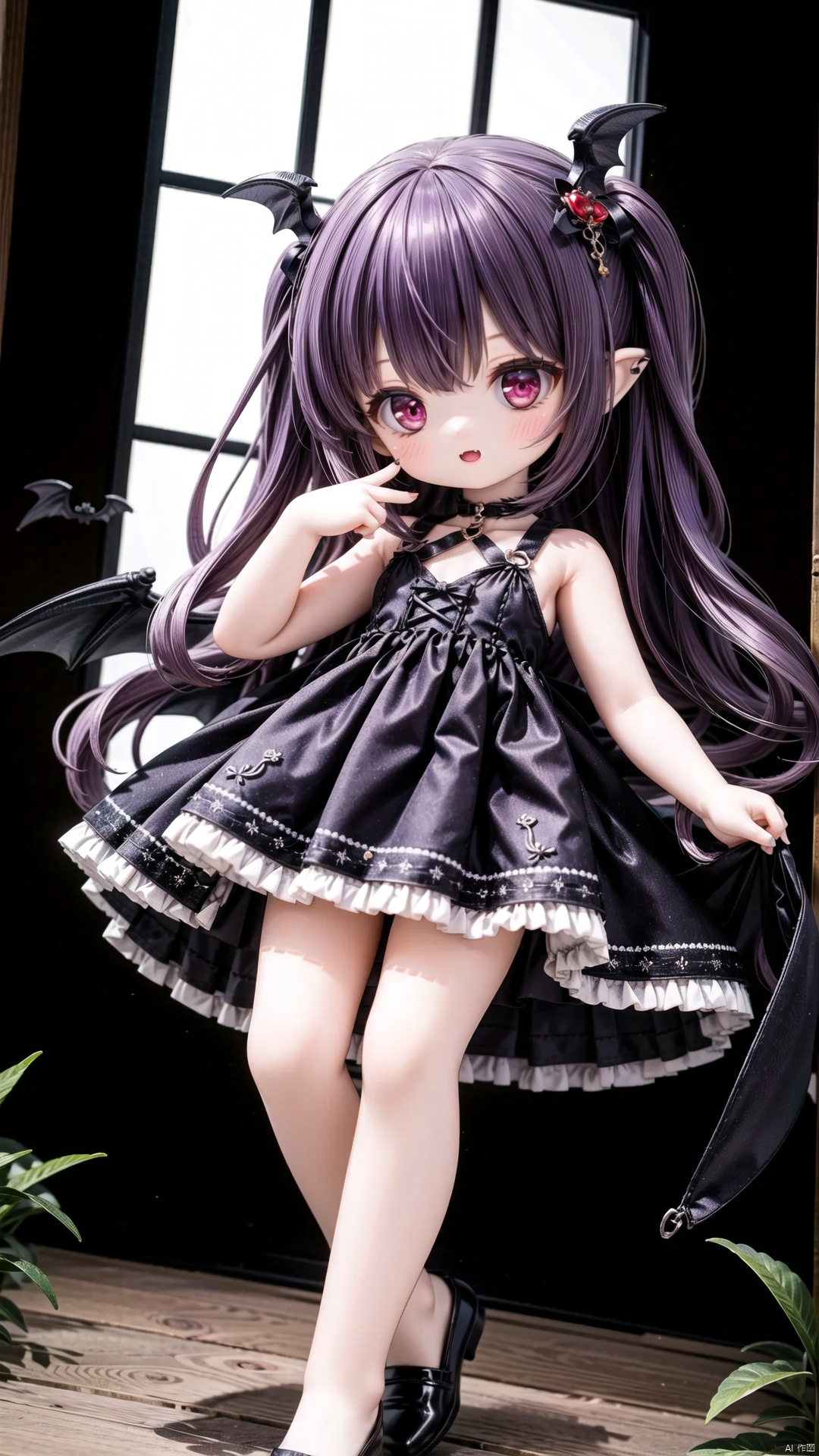 koakuma,female child,Little girl（1.5）,aged down,beautiful detailed girl,narrow waist,small breasts,Glowing skin,steaming body,demon horns,bat wings,transparent wings,Delicate cute face,Black and red Gothic skirt,fine fabric emphasis,ornate clothes,red Eyes,beautiful detailed eyes,Glowing eyes,one eye closed,((Deep purple hair)),long hair,wavy hair,glowing hair,Extremely delicate longhair,bat hair ornament,Red Heart Necklace,bare legs,Thin leg,bare arms,Slender fingers,steepled fingers,Shiny nails,mischievous smile(expression),finger to eye,tongue out,fangs out,beautiful detailed lips,bat(ornament),garden, fountain,hyper realistic,magic,8k,incredible quality,best quality,masterpiece,highly detailed,extremely detailed CG,cinematic lighting