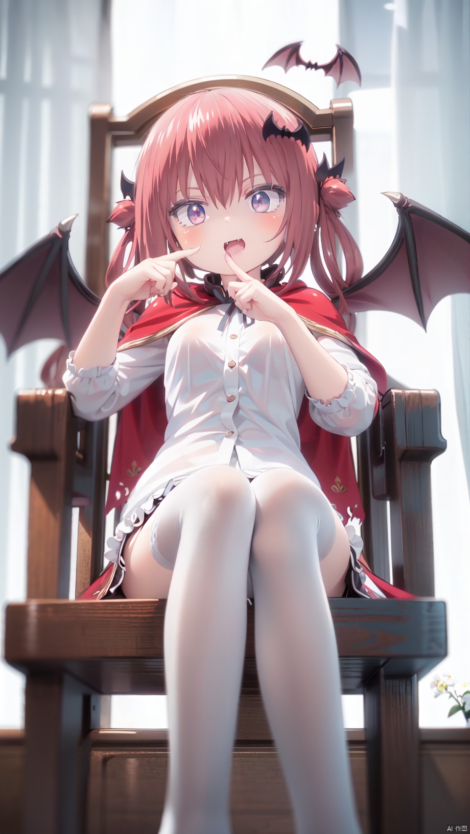 Satanichia Kurumizawa Mcdowell,gothic lolita,loli,beautiful detailed girl,narrow waist,very small breasts,Glowing skin,Delicate cute face,cape,princess dress,torn clothes,fine fabric emphasis,ornate clothes,red eyes eyes,beautiful detailed eyes,glowing eyes,(raised eyebrow),((red hair)),((long hair,bat wings hair ornament)),Glowing hair,Extremely delicate hair,Thin leg,white legwear garter,beautiful detailed fingers,Slender fingers,steepled fingers,Shiny nails,(sitting on throne),mischievous smile(expression),open mouth,tongue out,fangs out,beautiful detailed mouth,looking at viewer,bat(ornament),palace,ornate throne,hyper realistic,magic,8k,incredible quality,best quality,masterpiece,highly detailed,extremely detailed CG,cinematic lighting,backlighting,full body,high definition,detail enhancement,(perfect hands, perfect anatomy),detail enhancement, cozy animation scenes