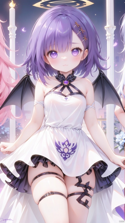 vignette tsukinose april,demon girl,1girl,solo,Little girl(1.6),aged down,beautiful detailed girl,Glowing Halo on head,demon wings,demon costume,fine fabric emphasis,ornate clothes,Glowing clothes,narrow waist,very small breasts,Glowing skin,Delicate cute face,Purple eyes,beautiful detailed eyes,sparkling eyes,((Purple blue hair)),((short hair,x hair ornament)),Glowing hair,Extremely delicate hair,Thin leg,white thighhighs,((beautiful detailed hands)),Slender fingers,pink nails,(standing,hands on own crotch), naughty_face(expression),:3,Glowing feather(ornament),church,Marble Pillar,hyper realistic,magic,8k,incredible quality,best quality,masterpiece,highly detailed,extremely detailed CG,cinematic lighting,backlighting,full body,high definition,detail enhancement,(perfect hands, perfect anatomy),detail enhancement, vignette tsukinose april