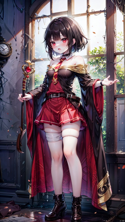 (cowboy shot,4349,4349,4349:1),meguminschool,loli,beautiful detailed girl,narrow waist,very small breasts,Delicate cute face,choker,collared cloak,nose blush,blush,torn clothes,(red eyes),beautiful detailed eyes,((black hair)),short hair,hair behind ear,glowing hair,Extremely delicate longhair,Thin leg,bandaged leg,bandaged arm,(standing,Handing wand),long and bendy wand,hungry(expression),open mouth,wavy mouth,beautiful detailed mouth,ruby(ornament),ruins,broken window,hyper realistic,magic,8k,incredible quality,best quality,masterpiece,highly detailed,extremely detailed CG,cinematic lighting,full body,high defin,(perfect hands, perfect anatomy)