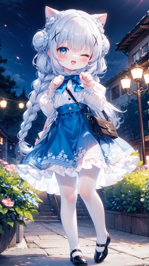 kafuu_chino,1girl,petite child(1.5),aged down,extremely delicate and beautiful girls,narrow waist,((very small breasts)),Glowing skin,Delicate cute face,blush sticker,blush,enmaided,puffy long sleeves,blue dress,white shirt,blue bow,rabbit shoulder bag,fine fabric emphasis,ornate clothes,blue eyes,beautiful detailed eyes,Glowing eyes,(one eye closed),((tsurime)),((Silver blue hair)),((braided bun,x hair ornament)),very long hair,Glowing hair,Extremely delicate hair,Thin leg,white pantyhose,Slender fingers,steepled fingers,beautiful detailed hands,mischievous smile(expression),standing,hands next face,paw pose,looking down at viewer,:3,puffy cheeks,open mouth,tongue out,fangs out,beautiful detailed mouth,stuffed bunny(ornament),garden,fountain,hyper realistic,magic,8k,incredible quality,best quality,masterpiece,highly detailed,extremely detailed CG,cinematic lighting,backlighting,full body,high definition,detail enhancement,(perfect hands, perfect anatomy),8k_wallpaper,colorful
