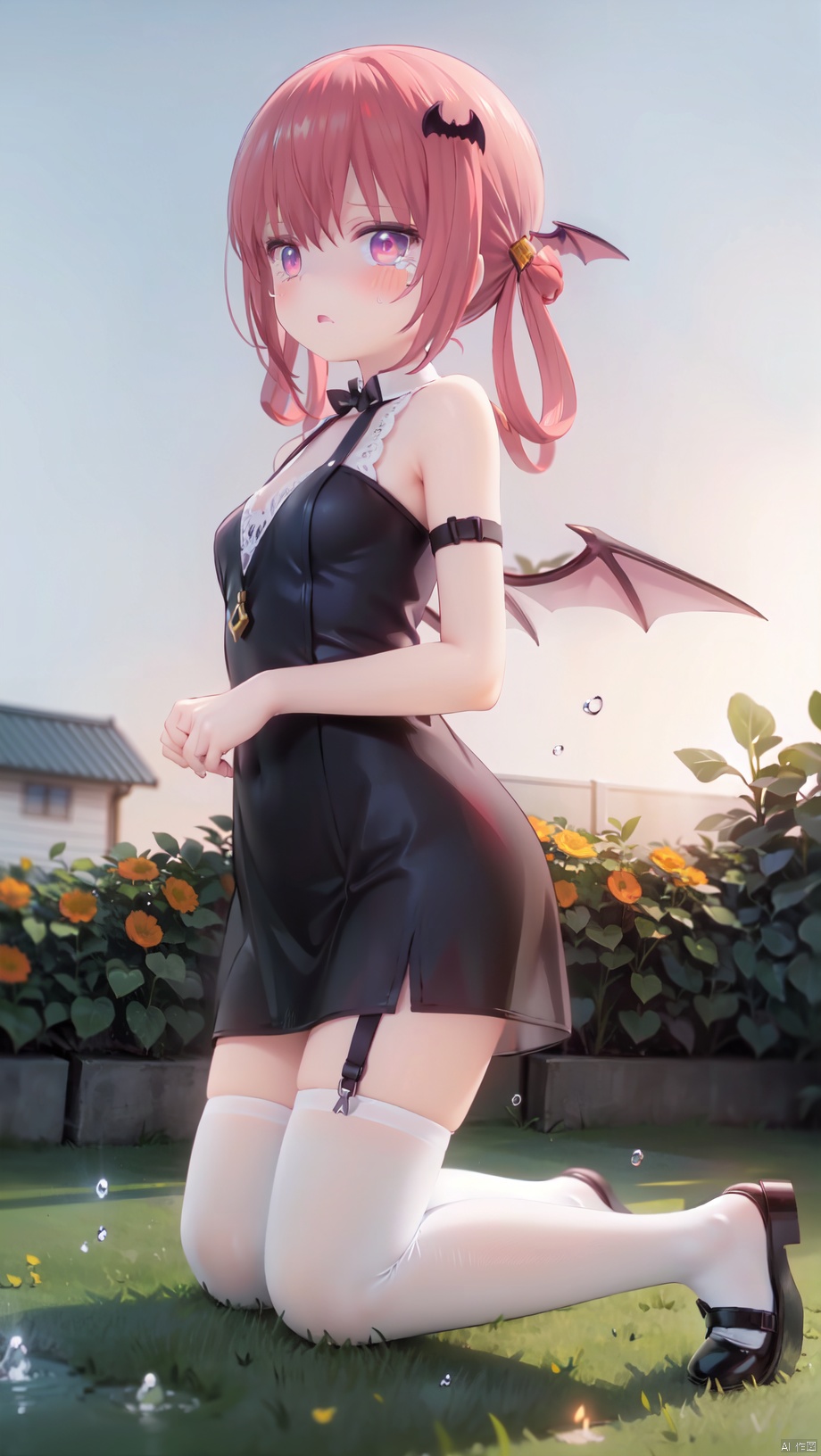 missionary,Satanichia Kurumizawa Mcdowell,loli,beautiful detailed girl,narrow waist,very small breasts,Glowing skin,Delicate cute face,fine fabric emphasis,ornate clothes,red eyes eyes,beautiful detailed eyes,glowing eyes,(raised eyebrow),((red hair)),((long hair,bat wings hair ornament)),Glowing hair,Extremely delicate hair,Thin leg,white legwear garter,beautiful detailed fingers,Slender fingers,steepled fingers,Shiny nails,(kneeling,wariza,holding melon bread),tearful(expression),teardrop on the face,Tears on the chin,open mouth,wavy mouth,mouth drool,heavy breathing,beautiful detailed mouth,looking at viewer,bat(ornament),garden,dusk,hyper realistic,magic,8k,incredible quality,best quality,masterpiece,highly detailed,extremely detailed CG,cinematic lighting,backlighting,full body,high definition,detail enhancement,(perfect hands, perfect anatomy),detail enhancement
