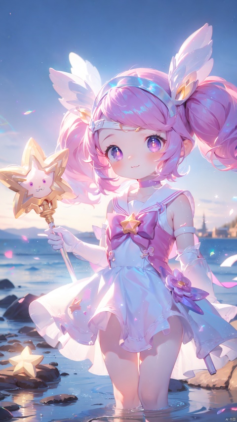  lux (league of legends),star guardian \(league of legends\),1girl,petite child(1.5),aged down,extremely delicate and beautiful girls,narrow waist,((very small breasts)),Glowing skin,Delicate cute face,blush sticker,blush,(forehead tiara),choker,sailor senshi uniform,pink dress,big purple bow,gloves,elbow gloves,bare shoulders,ornate clothes,fine fabric emphasis,pink eyes,beautiful detailed eyes,Glowing eyes,((star-shaped pupils)),((pink hair)),((twintails,hair ornament)),Glowing hair,Extremely delicate hair,Thin leg,bare legs,Slender fingers,steepled fingers,(beautiful detailed hands),((art shift,holding staff)),mischievous smile(expression),:3,puffy cheeks,beautiful detailed mouth,looking at viewer,star(ornament),garden,fountain,hyper realistic,magic,8k,incredible quality,best quality,masterpiece,highly detailed,extremely detailed CG,cinematic lighting,backlighting,full body,high definition,detail enhancement,(perfect hands, perfect anatomy),8k_wallpaper,extreme details,colorful, loli