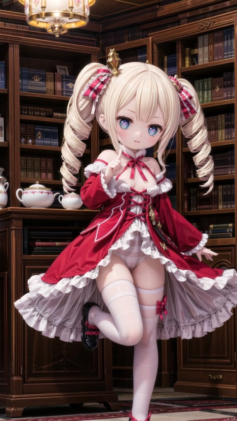  beatrice (re:zero),female child,Little girl（1.5）,aged down,beautiful detailed girl,narrow waist,small breasts,Glowing skin,steaming body,Delicate cute face,pink princess dress,pink striped_legwear,white pumpkin pants,fine fabric emphasis,ornate clothes,symbol-shaped_pupils,beautiful detailed eyes,Glowing eyes,((half-closed eyes)),((blonde hair)),drill hair,no bangs,Extremely delicate hair,bare legs,Thin leg,bare arms,Slender fingers,steepled fingers,Shiny nails,mischievous smile(expression),((standing on one leg,victory pose)),:3,tongue out,beautiful detailed lips,book(ornament),library, bookshelf,hyper realistic,magic,8k,incredible quality,best quality,masterpiece,highly detailed,extremely detailed CG,cinematic lighting