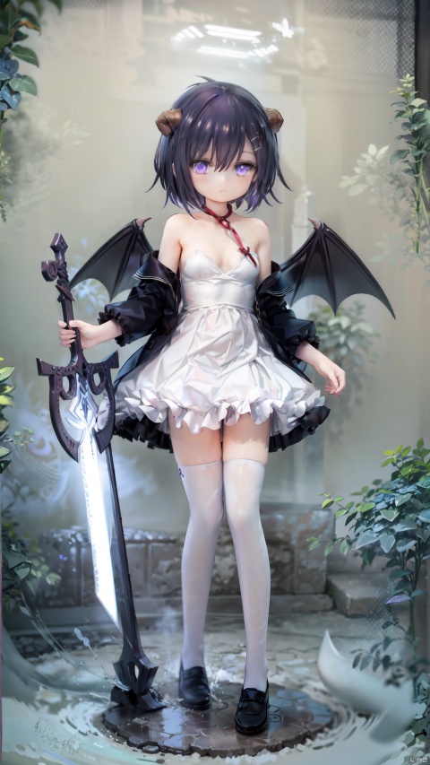  vignette tsukinose april,demon girl,1girl,solo,beautiful detailed girl,Glowing Halo on head,demon horns,demon wings,demon tail,demon costume,fine fabric emphasis,ornate clothes,Glowing clothes,narrow waist,very small breasts,Glowing skin,Delicate cute face,Purple eyes,beautiful detailed eyes,half-closed eyes,((Purple blue hair)),((short hair,x hair ornament)),Glowing hair,Extremely delicate hair,Thin leg,white thighhighs,((beautiful detailed hands)),Slender fingers,pink nails,(standing,hold Poseidon Trident,licking hand), naughty_face(expression),:3,Glowing feather(ornament),church,Marble Pillar,hyper realistic,magic,8k,incredible quality,best quality,masterpiece,highly detailed,extremely detailed CG,cinematic lighting,backlighting,full body,high definition,detail enhancement,(perfect hands, perfect anatomy),detail enhancement,