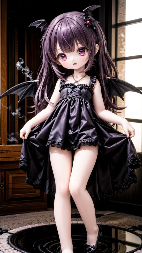 gothic lolita,female child,Little girl（1.5）,aged down,beautiful detailed girl,narrow waist,small breasts,Glowing skin,steaming body,bat wings,transparent wings,Delicate cute face,black princess dress,fine fabric emphasis,ornate clothes,red Eyes,beautiful detailed eyes,Glowing eyes,one eye closed,((Deep purple hair)),long hair,wavy hair,glowing hair,Extremely delicate longhair,bat hair ornament,Red Heart Necklace,bare legs,Thin leg,bare arms,Slender fingers,steepled fingers,Shiny nails,mischievous smile(expression),tongue out,fangs out,beautiful detailed lips,bat(ornament),garden, fountain,hyper realistic,magic,8k,incredible quality,best quality,masterpiece,highly detailed,extremely detailed CG,cinematic lighting