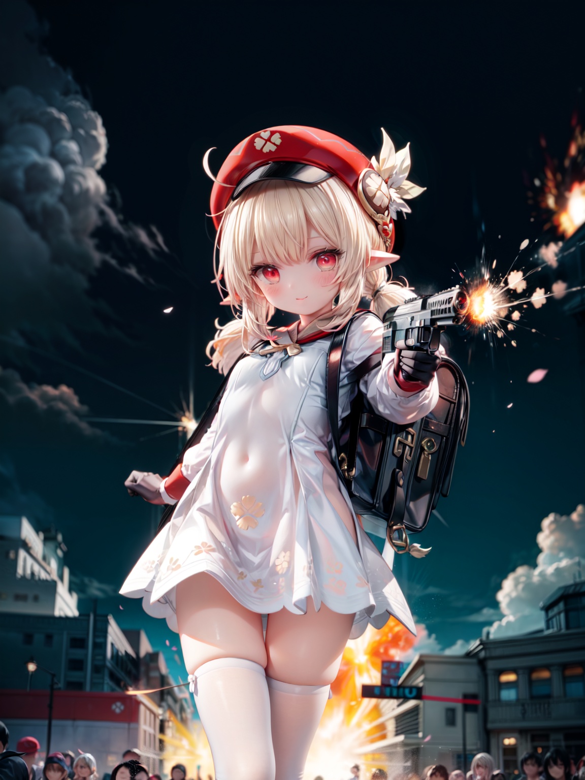 klee (genshin impact),ornate clothes, gloves, hat, low twintails, blonde hair, small breasts, pointy ears,Aiming a pistol at the audience, aiming at viewer, Red Elementary school backpack,blush, ((red eyes)), Glowing eyes,  delicate and lovely face, mischievous smile(expression),tongue out, thighhighs, Thin leg,explosion(background), explosion, night, magic, best quality, masterpiece, extremely detailed CG, 8k_wallpaper