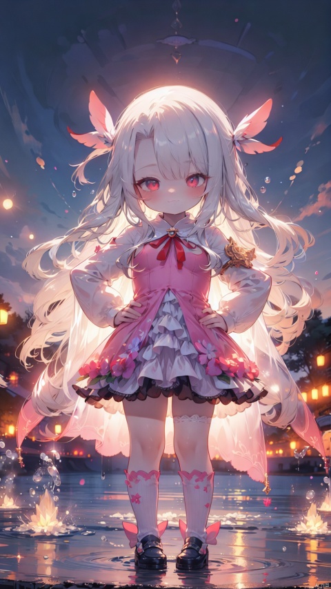  card background,from below,prisma illya,illyasviel von einzbern (beast style),magical girl,1girl,petite child(1.5),aged down,chibi,extremely delicate and beautiful girls,narrow waist,((very small breasts)),Delicate cute face,blush sticker,blush,princess crown,ornate crown,princess dress,pink dress,ornate clothes,fine fabric emphasis,red eyes,beautiful detailed eyes,Glowing eyes,((half-closed eyes,tsurime)),((Silver hair)),((hair spread out,ribbon hair)),long hair,Glowing hair,Extremely delicate hair,Thin leg,striped_legwear,Slender fingers,steepled fingers,(beautiful detailed hands),((standing,hands on hips)),mischievous smile(expression),looking down at viewer,:3,puffy cheeks,Raising the corners of the mouth,beautiful detailed mouth,looking down at viewer,star(ornament),garden,fountain,hyper realistic,magic,8k,incredible quality,best quality,masterpiece,highly detailed,extremely detailed CG,cinematic lighting,backlighting,full body,high definition,detail enhancement,(perfect hands, perfect anatomy),8k_wallpaper,extreme details,colorful, mirrornun