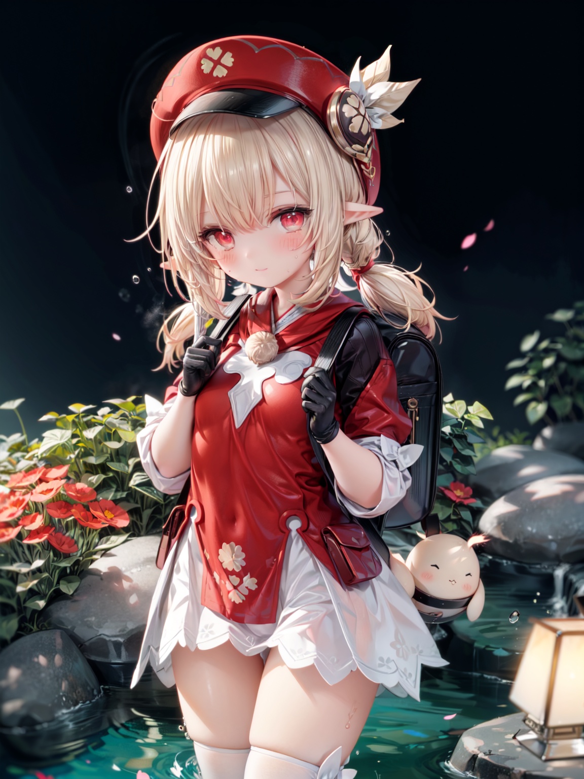 klee (genshin impact),ornate clothes, gloves, hat, low twintails, blonde hair, small breasts, pointy ears, looking at viewer, Red Elementary school backpack, holding Red bomb, , blush, ((red eyes)), Glowing eyes, White semen on the face, White semen dripping from the body, delicate and lovely face, mischievous smile(expression),aqua eyes, thighhighs, Thin leg, wet and messy, sweat,firecrackers(ornament), meadow, clear sky, magic, best quality, masterpiece, extremely detailed CG, 8k_wallpaper