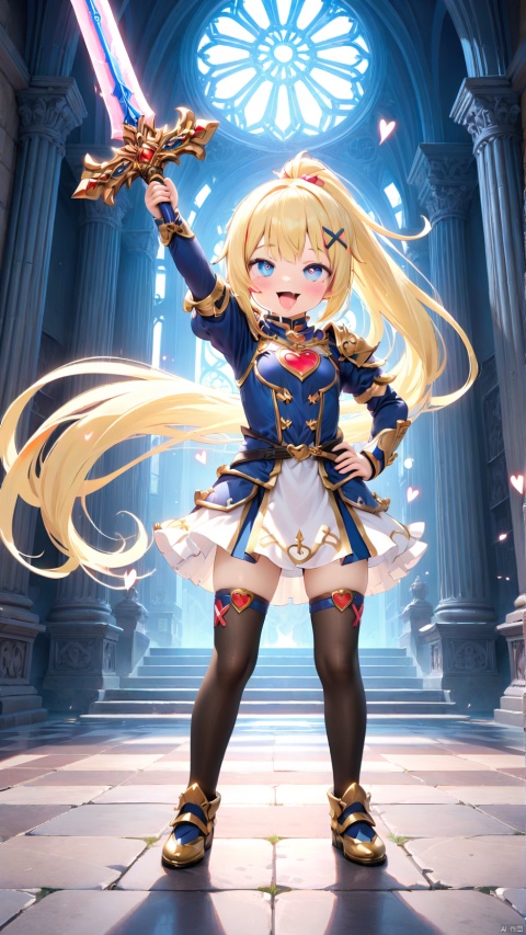 darkness (konosuba),paladin,petite child(1.5),aged down,chibi,extremely delicate and beautiful girls,narrow waist,Glowing skin,Delicate cute face,blush sticker,blush,knight armor,white and gold clothes,fine fabric emphasis,ornate clothes,((blue eyes)),beautiful detailed eyes,Glowing eyes,((heart-shaped pupils)),((blonde hair)),((ponytail,x hair ornament)),very long hair,Extremely delicate hair,Thin leg,black thighhighs,beautiful detailed fingers,steepled fingers,(beautiful detailed hands),((standing,hand on hip,arm up,Holding a long sword,ornate sword,attack viewer)),ahegao(expression),smile,tongue out,licking lips,drooling,fangs out,big fangs,puffy cheeks,beautiful detailed mouth,Looking down at viewer,semen in the mouth,heart(ornament),palace,shield decorated on the wall,hyper realistic,magic,8k,incredible quality,best quality,masterpiece,highly detailed,extremely detailed CG,cinematic lighting,backlighting,full body,high definition,detail enhancement,(perfect hands, perfect anatomy),8k_wallpaper,extreme details,colorful,