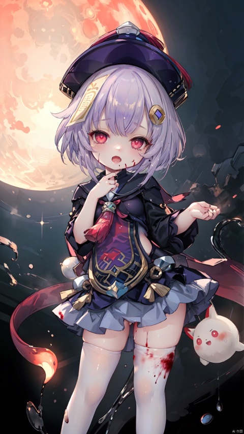  qiqi_(genshin_impact),jiangshi,1girl,petite child(1.5),aged down,chibi,extremely delicate and beautiful girls,narrow waist,((very small breasts)),Glowing skin,Delicate cute face,blush sticker,blush,ofuda,qing_guanmao,((ascot)),fine fabric emphasis,school uniform,ornate clothes,red eyes,devil pupils,beautiful detailed eyes,Glowing eyes,((tsurime)),raised eyebrow,((purple hair)),((Short hair,coin hair ornament)),Glowing hair,Extremely delicate hair,Thin leg,white thighhighs,torn thighhighs,Slender fingers,black nails,(beautiful detailed hands),(standing,hands up,hands on own cheeks),>:(,(expression),raised eyebrows,blood on the face,blood on the chin,open mouth,tongue out,long tongue,mouth drool,big fangs,long fangs,heavy breathing,beautiful detailed mouth,looking at viewer,blood in the mouth,blood on the hair,blood on the face,too blood trail on the breasts,too many blood drip dripping from the body,blood trail on between legs,blood drip(ornament),street,night,red moon,hyper realistic,magic,8k,incredible quality,best quality,masterpiece,highly detailed,extremely detailed CG,cinematic lighting,backlighting,full body,high definition,detail enhancement,(perfect hands, perfect anatomy),detail enhancement