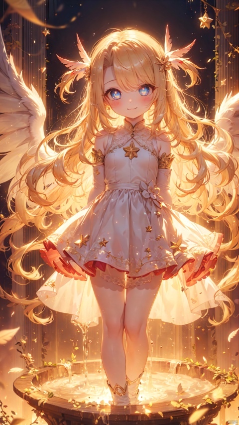  prisma illya,illyasviel von einzbern (beast style),magical girl,1girl,petite child(1.5),aged down,chibi,extremely delicate and beautiful girls,narrow waist,((very small breasts)),Glowing skin,transparent wings,Glowing wings,Delicate cute face,blush sticker,blush,pink dress,white gloves,gloves,elbow gloves,bare shoulders,ornate clothes,fine fabric emphasis,Blue eyes,beautiful detailed eyes,Glowing eyes,((star-shaped pupils)),((blonde hair)),((two side up,feather hair ornament)),very long hair,Glowing hair,Extremely delicate hair,Thin leg,bare legs,Slender fingers,steepled fingers,(beautiful detailed hands),((art shift,holding wand of Magic Ruby)),mischievous smile(expression),looking down at viewer,:3,puffy cheeks,Raising the corners of the mouth,beautiful detailed mouth,looking down at viewer,star(ornament),garden,fountain,hyper realistic,magic,8k,incredible quality,best quality,masterpiece,highly detailed,extremely detailed CG,cinematic lighting,backlighting,full body,high definition,detail enhancement,(perfect hands, perfect anatomy),8k_wallpaper,extreme details,colorful, mirrornun, (\shen ming shao nv\)
