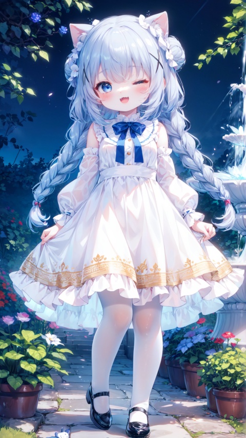 kafuu_chino,1girl,petite child(1.5),aged down,extremely delicate and beautiful girls,narrow waist,((very small breasts)),Glowing skin,Delicate cute face,blush sticker,blush,enmaided,puffy long sleeves,blue dress,white shirt,blue bow,rabbit shoulder bag,fine fabric emphasis,ornate clothes,blue eyes,beautiful detailed eyes,Glowing eyes,(one eye closed),((tsurime)),((Silver blue hair)),((braided bun,x hair ornament)),very long hair,Glowing hair,Extremely delicate hair,Thin leg,white pantyhose,Slender fingers,steepled fingers,beautiful detailed hands,mischievous smile(expression),standing,hands next face,looking down at viewer,:3,puffy cheeks,open mouth,tongue out,fangs out,beautiful detailed mouth,stuffed bunny(ornament),garden,fountain,hyper realistic,magic,8k,incredible quality,best quality,masterpiece,highly detailed,extremely detailed CG,cinematic lighting,backlighting,full body,high definition,detail enhancement,(perfect hands, perfect anatomy),8k_wallpaper,colorful