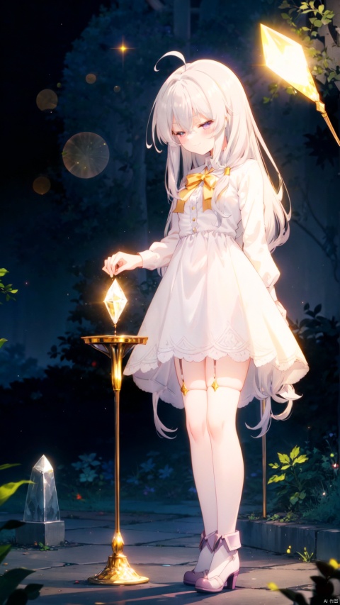  elaina (majo no tabitabi),1girl,petite child(1.5),aged down,extremely delicate and beautiful girls,narrow waist,((very small breasts)),Glowing skin,Delicate cute face,blush sticker,blush,serafuku,whitedress,big yellow bow,fine fabric emphasis,ornate clothes,violet eyes,beautiful detailed eyes,Glowing eyes,((half-closed eyes)),((Silver gray hair)),((hair spread out,hair bow)),ahoge,very long hair,Extremely delicate hair,Thin leg,white thighhighs,Slender fingers,steepled fingers,(beautiful detailed hands),(Holding the crystal ball,Glowing crystal ball,looking down at crystal ball),mischievous smile(expression),smirk,:3,beautiful detailed mouth,gold stars(ornament),tombstone,tree,night,hyper realistic,magic,4k,incredible quality,best quality,masterpiece,highly detailed,extremely detailed CG,light particle,backlighting,full body,high definition,detail enhancement,(perfect hands, perfect anatomy),8k_wallpaper,extreme details,colorful, elaina (majo no tabitabi)