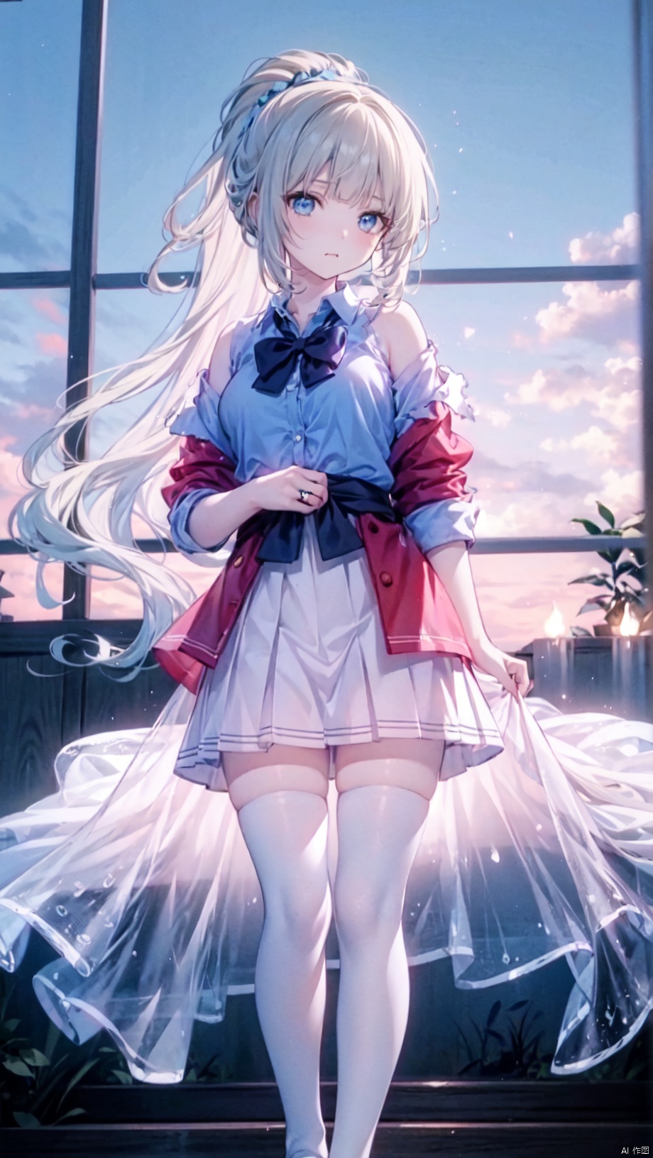  (cowboy shot,4349,4349,4349:1),kei karuizawa,loli,beautiful detailed girl,red school uniform jacket,open jacket,blue shirt,white skirt,fine fabric emphasis,ornate clothes,sabotaged clothes,torn clothes,broken clothes,torn shirt,off shoulder,narrow waist,beautiful breasts,Glowing skin,Delicate cute face,blue eyes eyes,beautiful detailed eyes,glowing eyes,((blonde hair)),((long hair,high ponytail,blue hair rings)),Glowing hair,Extremely delicate hair,Thin leg,white thighhighs,((beautiful detailed hands)),Slender fingers,pink nails,(standing,hands on own crotch),hungry(expression),wavy mouth,drooling,ruby(ornament),ruins,broken window,hyper realistic,magic,8k,incredible quality,best quality,masterpiece,highly detailed,extremely detailed CG,cinematic lighting,backlighting,full body,high definition,detail enhancement,(perfect hands, perfect anatomy),detail enhancement