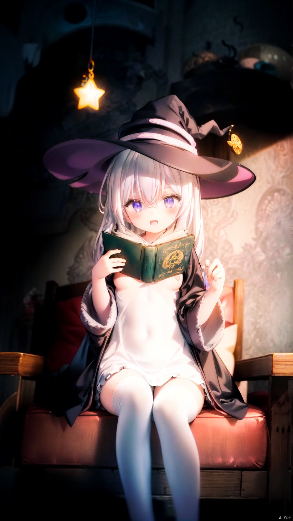  witch,elaina (majo no tabitabi),1girl,petite child(1.5),aged down,extremely delicate and beautiful girls,narrow waist,((very small breasts)),Glowing skin,Delicate cute face,blush sticker,blush,witch hat,witch robe,open robe,big yellow bow,fine fabric emphasis,ornate clothes,violet eyes,beautiful detailed eyes,Glowing eyes,((star-shaped pupils)),((Silver gray hair)),((hair spread out,hair bow)),ahoge,very long hair,Extremely delicate hair,Thin leg,white thighhighs,Slender fingers,steepled fingers,(beautiful detailed hands),((sitting on chair,holding book,open book)),ahegao(expression),smile,open mouth,tongue out,licking lips,drooling,fangs out,big fangs,puffy cheeks,beautiful detailed mouth,looking at book,heart(ornament),library,book stack,hyper realistic,magic,8k,incredible quality,best quality,masterpiece,highly detailed,extremely detailed CG,(illustration),ultra-detailed,cinematic lighting,((detailed light)),best shadow,full body,high definition,detail enhancement,(perfect hands, perfect anatomy),8k_wallpaper,extreme details,highres,colorful, loli, shuiwa, mirrornun
