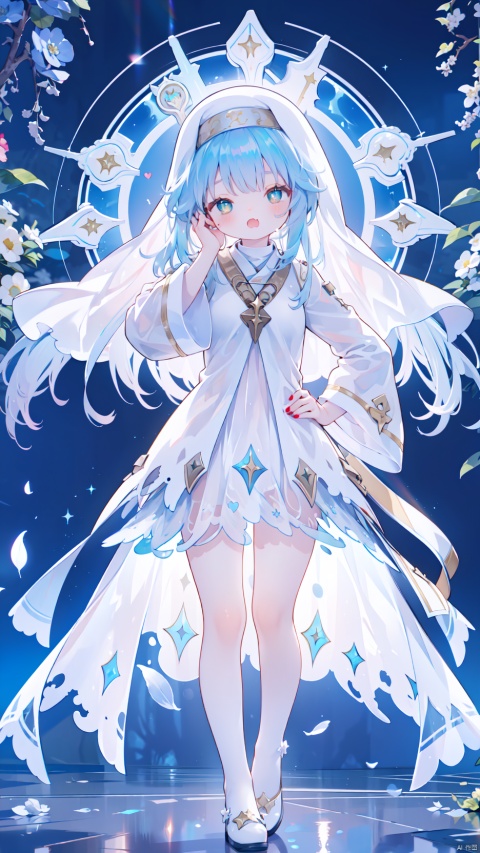  from below,index (toaru majutsu no index),nun,Little girl(1.5),aged down,beautiful detailed girl,narrow waist,(very small breasts),Delicate cute face,cross necklace,(safety pin),nun robe,white robe,long sleeves,wide sleeves,fine fabric emphasis,torn dress,sabotaged clothes,torn clothes,broken clothes,torn shirt,green eyes,beautiful detailed eyes,Glowing eyes,((half-closed eyes,heart-shaped pupils)),((Silver blue hair)),((hair spread out,white nun hat)),very long hair,glowing hair,Extremely delicate hair,Thin leg,bobby socks,Slender fingers,steepled fingers,red nails,((hand on hips,hand on own face)),doyagao(expression),:3,puffy cheeks,open mouth,drooling,beautiful detailed mouth,looking down at viewer,falling feathers(ornament),church,stained glass Windows,hyper realistic,magic,4k,incredible quality,best quality,masterpiece,highly detailed,extremely detailed CG,cinematic lighting,light particle,backlighting,full body,high definition,detail enhancement,(perfect hands, perfect anatomy),8k_wallpaper,extreme details,colorful,