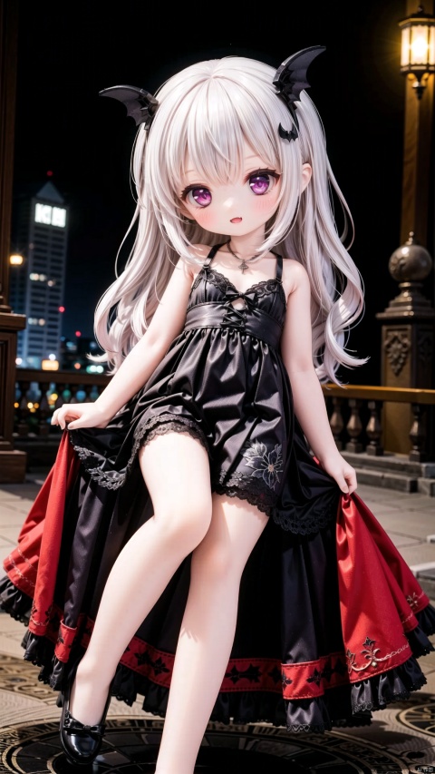  gothic lolita,female child,Little girl（1.5）,aged down,beautiful detailed girl,narrow waist,small breasts,Glowing skin,steaming body,Delicate cute face,black princess dress,fine fabric emphasis,ornate clothes,red Eyes,beautiful detailed eyes,Glowing eyes,((purple gradient hair)),long hair,wavy hair,glowing hair,Extremely delicate longhair,bat hair ornament,Red Heart Necklace,bare legs,Thin leg,bare arms,Slender fingers,steepled fingers,Shiny nails,mischievous smile(expression),fangs out,beautiful detailed lips,bat(ornament),garden, fountain,hyper realistic,magic,8k,incredible quality,best quality,masterpiece,highly detailed,extremely detailed CG,cinematic lighting