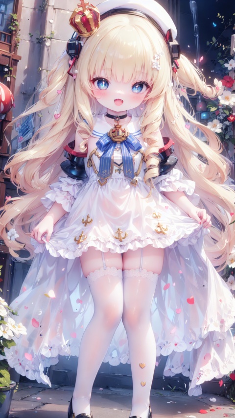 from below,queen elizabeth (azur lane),Little girl(1.5),aged down,beautiful detailed girl,narrow waist,Delicate cute face,anchor choker,(anchor print naval uniform),blue princess dressshoulders,ornate clothes,fine fabric emphasis,torn dress,broken skirt,torn clothes,broken clothes,blue eyes,beautiful detailed eyes,Glowing eyes,((heart-shaped pupils)),((blonde hair)),((hair spread out,wavy hair)),very long shoulder,glowing hair,Extremely delicate hair,Thin leg,white legwear garter,black footwear,Slender fingers,steepled fingers,shiny nails,((clothes pull,clothing aside)),ahegao(expression),smile,open mouth,tongue out,licking lips,drooling,heavy breathing,fangs out,big fangs,puffy cheeks,beautiful detailed mouth,looking down at viewer,anchor (ornament),warship,harbor,royal navy (emblem),royal navy flag,hyper realistic,magic,4k,incredible quality,best quality,masterpiece,highly detailed,extremely detailed CG,cinematic lighting,light particle,backlighting,full body,high definition,detail enhancement,(perfect hands, perfect anatomy),8k_wallpaper,extreme details,colorful