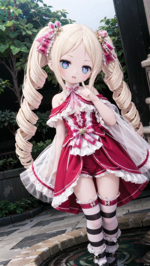  beatrice (re:zero),female child,Little girl（1.5）,aged down,beautiful detailed girl,narrow waist,small breasts,Glowing skin,Delicate cute face,off_shoulder,pink princess pajamas,(pink striped_legwear),white shorts under skirt,symbol-shaped_pupils,beautiful detailed eyes,((one eye closed)),((blonde hair)),(drill hair),parted bangs,forehead,Extremely delicate hair,bare legs,Thin leg,bare arms,Slender fingers,steepled fingers,pink nails,mischievous smile(expression),standing,finger to eye,open mouth,tongue out,beautiful detailed lips,heart(ornament),garden, fountain,hyper realistic,magic,8k,incredible quality,best quality,masterpiece,highly detailed,extremely detailed CG,cinematic lighting