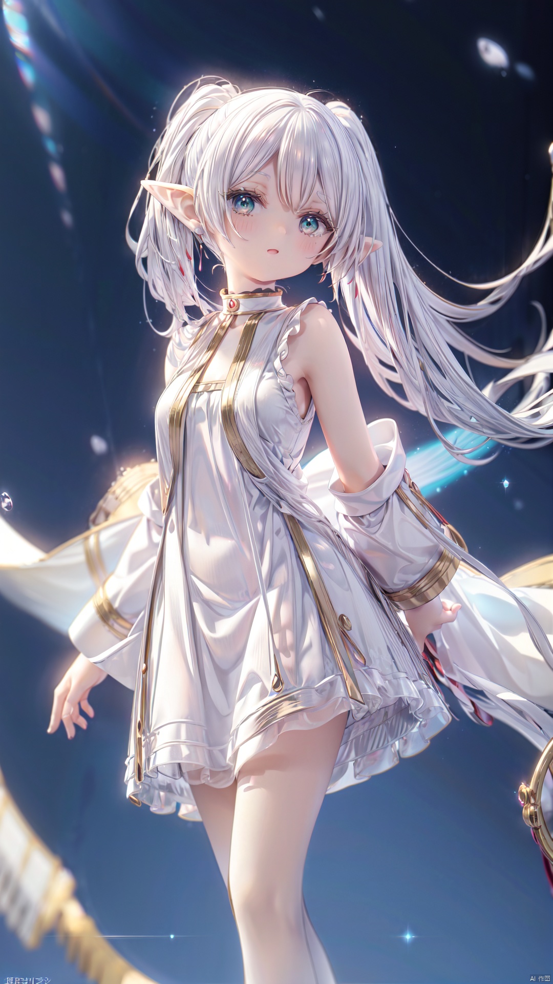 (missionary),standing,Frieren at the Funeral,elf,little girl(1.5),aged down,beautiful detailed girl,small breasts,steaming body,Glowing skin,Delicate cute face,pointy ears,Ruby Droplet shaped Earrings,white Mage Robe,fine fabric emphasis,ornate clothes,(green Eyes),heart-shaped_pupils,beautiful detailed eyes,Glowing eyes,narrowed eyes,looking at viewer,((white gradient hair)),twintails,long hair,Extremely delicate hair,Star shaped pendant,white pantyhose,Thin leg,bare arms,Slender fingers,steepled fingernails,mischievous smile(expression),hands on own cheek,open mouth,tongue out,licking hand,beautiful detailed mouth,open book(ornament),garden, fountain,hyper realistic,magic,f/3.0,incredible quality,best quality,masterpiece,highly detailed,extremely detailed CG,8k_wallpaper,cinematic lighting