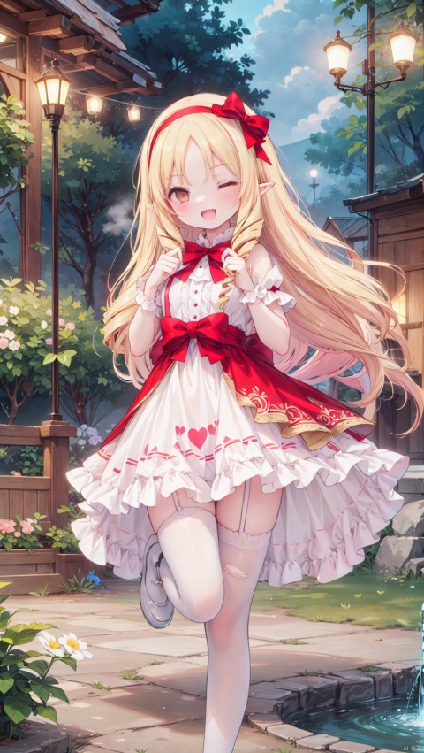 (4349,4349,4349:1), yamada elf,Little girl(1.4),aged down,beautiful detailed girl,narrow waist,very small breasts,Glowing skin,steaming body,Delicate cute face,pointy ears,pink dress,fine fabric emphasis,ornate clothes,torn clothes,brown eyes,beautiful detailed eyes,Glowing eyes,(one eye closed),((blonde hair)),((drill hair,red bow hairband)),parted bangs,forehead,long hair,glowing long hair,Extremely delicate longhair,Thin leg,white legwear garter,beautiful detailed fingers,Slender fingers,steepled fingers,Shiny nails,(standing on one leg,hands up,art shift,finger to eye),mischievous smile(expression),open mouth,tongue out,fangs out,beautiful detailed mouth,looking at viewer,bow on clothes(ornament),garden, fountain,hyper realistic,magic,8k,incredible quality,best quality,masterpiece,highly detailed,extremely detailed CG,cinematic lighting,backlighting,full body,high definition,detail enhancement,(perfect hands, perfect anatomy),detail enhancement,
