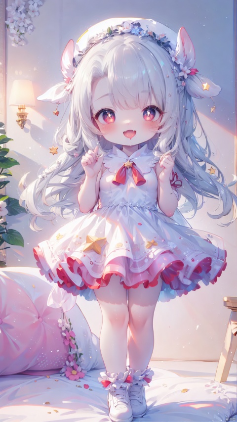 prisma illya,illyasviel von einzbern (beast style),magical girl,1girl,petite child(1.5),aged down,chibi,extremely delicate and beautiful girls,narrow waist,((very small breasts)),Glowing skin,white beret,Delicate cute face,blush sticker,blush,red print china dress,ornate clothes,fine fabric emphasis,red eyes,beautiful detailed eyes,Glowing eyes,((star-shaped pupils)),((Silver hair)),((hair spread out,ribbon hair)),long hair,Glowing hair,Extremely delicate hair,Thin leg,striped socks,Slender fingers,steepled fingers,(beautiful detailed hands),((hand up,v arms)),ahegao(expression),smile,open mouth,tongue out,licking lips,drooling,fangs out,big fangs,puffy cheeks,beautiful detailed mouth,looking at viewer,pudding(ornament),living room,couch,hyper realistic,magic,8k,incredible quality,best quality,masterpiece,highly detailed,extremely detailed CG,cinematic lighting,backlighting,full body,high definition,detail enhancement,(perfect hands, perfect anatomy),8k_wallpaper,extreme details,colorful,