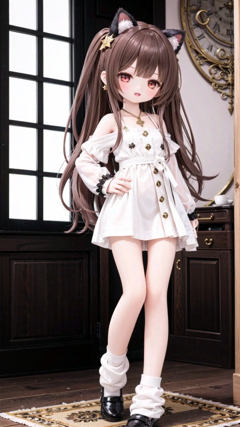  Human Girls,Little girl（0.6）,beautiful detailed girl,narrow waist,small breasts,Glowing skin,cat ear hairband,ruby star Earrings,Delicate cute face,white military style lolita,white clothes,white garment with gold borders,cutoffs,fine fabric emphasis,ornate clothes,brown eyes,beautiful detailed eyes,Glowing eyes,((half-closed eyes)),((brown hair)),((bunches,long hair)),glowing long hair,Extremely delicate longhair,gold star Necklace,Thin leg,loose socks,Slender fingers,steepled fingers,Shiny nails,smug(expression),standing,hands on hips,:3,open mouth,tongue out,fangs out,long fang,beautiful detailed mouth,crescent moon(ornament),colosseum,Marble Pillar,hyper realistic,magic,8k,incredible quality,best quality,masterpiece,highly detailed,extremely detailed CG,cinematic lighting,full body,lots of gold coins falling,high definition,detail enhancement