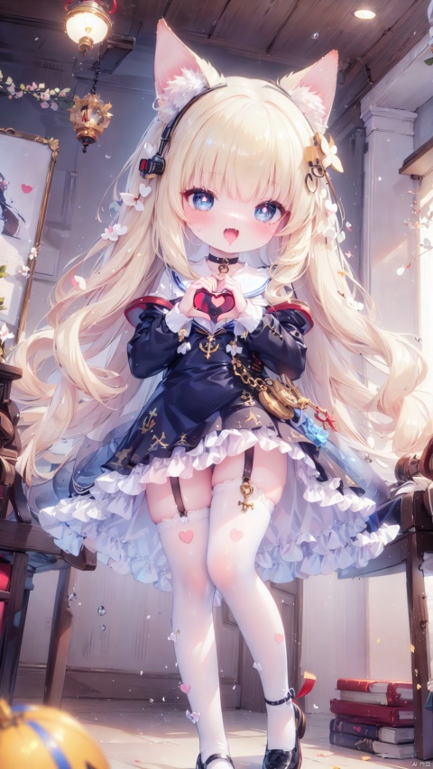 from below,queen elizabeth (azur lane),Little girl(1.5),aged down,beautiful detailed girl,narrow waist,Delicate cute face,anchor choker,(anchor print naval uniform),blue princess dressshoulders,ornate clothes,fine fabric emphasis,torn dress,broken skirt,torn clothes,broken clothes,blue eyes,beautiful detailed eyes,Glowing eyes,((heart-shaped pupils)),((blonde hair)),((hair spread out,wavy hair)),very long shoulder,glowing hair,Extremely delicate hair,Thin leg,white legwear garter,black footwear,Slender fingers,steepled fingers,shiny nails,((double w)),ahegao(expression),smile,open mouth,tongue out,licking lips,drooling,heavy breathing,fangs out,big fangs,puffy cheeks,beautiful detailed mouth,looking down at viewer,anchor (ornament),warship,harbor,royal navy (emblem),royal navy flag,hyper realistic,magic,4k,incredible quality,best quality,masterpiece,highly detailed,extremely detailed CG,cinematic lighting,light particle,backlighting,full body,high definition,detail enhancement,(perfect hands, perfect anatomy),8k_wallpaper,extreme details,colorful