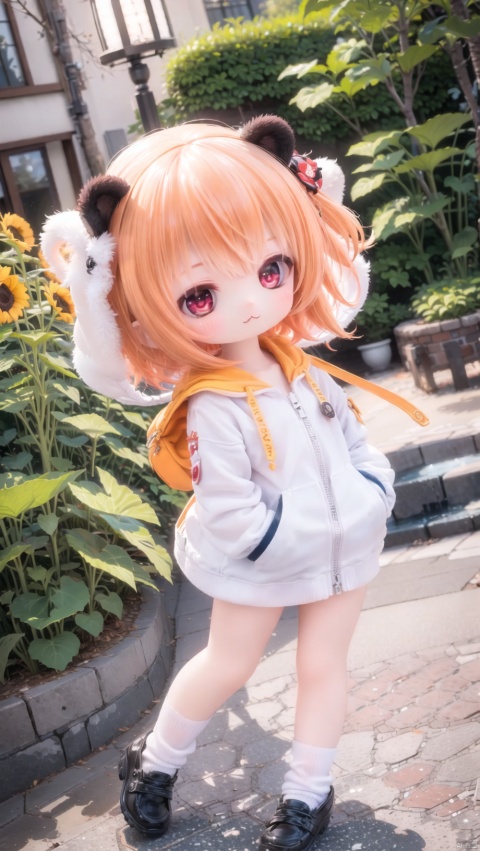  hoshino hinata,loli,beautiful detailed girl,narrow waist,small breasts,Glowing skin,Delicate cute face,hood,bear hood,hood up,night clothes,fine fabric emphasis,ornate clothes,red eyes,beautiful detailed eyes,Glowing eyes,((half-closed eyes)),((orange hair)),short hair,glowing hair,Extremely delicate hair,Thin leg,bobby socks,Slender fingers,steepled fingers,Shiny nails,mischievous smile(expression),hands in pockets,:3,beautiful detailed mouth,sunflower print(ornament),garden,fountain,hyper realistic,magic,4k,incredible quality,best quality,masterpiece,highly detailed,extremely detailed CG,cinematic lighting,light particle,backlighting,full body,high definition,detail enhancement,(perfect hands, perfect anatomy),8k_wallpaper,extreme details,colorful