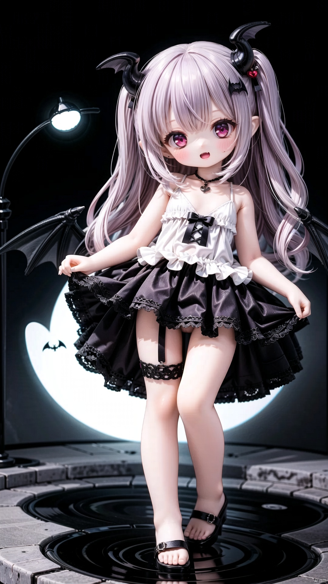 koakuma,female child,Little girl（1.5）,aged down,beautiful detailed girl,narrow waist,small breasts,Glowing skin,steaming body,demon horns,bat wings,transparent wings,Delicate cute face,Black and red Gothic skirt,fine fabric emphasis,ornate clothes,red Eyes,beautiful detailed eyes,Glowing eyes,(one eye closed),((Deep purple hair)),long hair,wavy hair,glowing hair,Extremely delicate longhair,bat hair ornament,Red Heart Necklace,bare legs,Thin leg,white legwear garter,bare arms,Slender fingers,steepled fingers,Shiny nails,mischievous smile(expression),hands on own cheek,open mouth,tongue out,fangs out,long fang,beautiful detailed lips,face is covered in blood,blood trail(ornament),garden, fountain,hyper realistic,magic,8k,incredible quality,best quality,masterpiece,highly detailed,extremely detailed CG,cinematic lighting