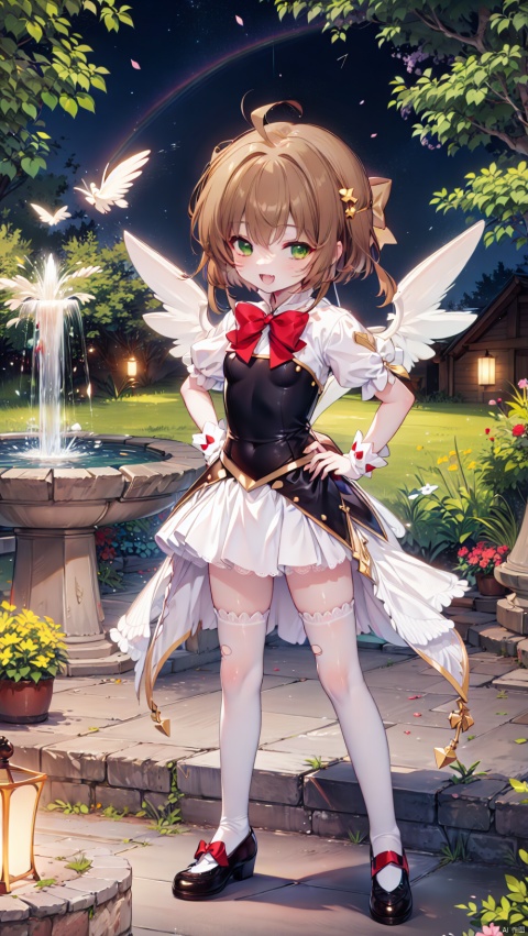  card background,kinomoto sakura,magical girl,loli,beautiful detailed girl,narrow waist,very small breasts,Glowing skin,Delicate cute face,glowing wings,transparent wings,torn clothes,broken clothes,transparent clothes,green eyes,beautiful detailed eyes,glowing eyes,(half-closed eyes),((brown hair)),((short hair,wing hair)),red hair bow,ahoge,Glowing hair,Extremely delicate hair,Thin leg,white legwear garter,beautiful detailed fingers,Slender fingers,steepled fingers,Shiny nails,standing,((hands on hips)),mischievous smile(expression),open mouth,tongue out,fangs out,beautiful detailed mouth,looking at viewer,bow(ornament),garden, fountain,hyper realistic,magic,8k,incredible quality,best quality,masterpiece,highly detailed,extremely detailed CG,cinematic lighting,backlighting,full body,high definition,detail enhancement,(perfect hands, perfect anatomy), kinomoto sakura