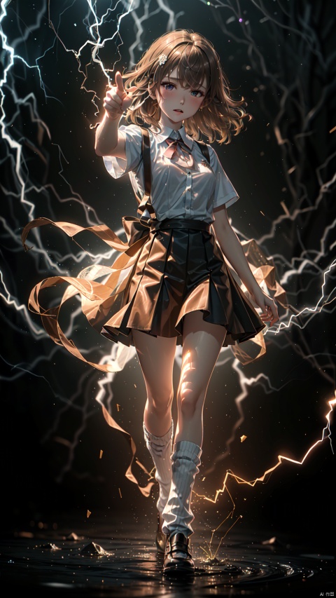 lightning background,misaka mikoto,Little girl(1.5),aged down,beautiful detailed girl,Glowing skin,steaming body,narrow waist,(very small breasts),Delicate cute face,blush sticker,blush,(tokiwadai school uniform),sweater vest,White shirt,unbuttoned shirt,electric arc surrounds the entire body,Body releases lightning outward,Purple electric arc injected into the girl's body,fine fabric emphasis,brown eyes,beautiful detailed eyes,Glowing eyes,((raised eyebrow,tsurime,half-closed eyes)),((brown hair)),((hair spread out,floating hair)),short hair,glowing hair,Extremely delicate hair,Thin leg,white loose socks,brown footwear,Slender fingers,steepled fingers,shiny nails,(beautiful detailed hands),((arm up,pointing at viewer,spell,electricity Surrounding Hand,Hand emitting electricity)), >:((expression),raised eyebrow,scowl,v-shaped eyebrows,clenched teeth,scowl at viewer,beautiful detailed mouth,lightning(ornament),bedroom,bed,too many electricity,hyper realistic,magic,4k,incredible quality,best quality,masterpiece,highly detailed,extremely detailed CG,cinematic lighting,light particle,backlighting,full body,high definition,detail enhancement,(perfect hands, perfect anatomy),8k_wallpaper,finely detailed,extreme details,colorful