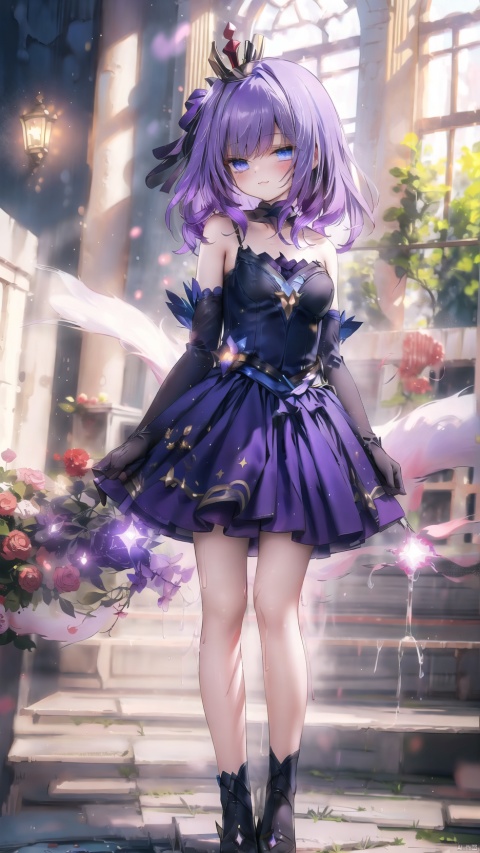  lux (league of legends),1girl,petite child(1.5),aged down,extremely delicate and beautiful girls,narrow waist,((very small breasts)),Glowing skin,Delicate cute face,blush sticker,blush,(crystal crown),choker,purple dress,gloves,elbow gloves,bare shoulders,ornate clothes,fine fabric emphasis,blue eyes,beautiful detailed eyes,Glowing eyes,((red mole under eye)),((purple hair)),((hair over shoulder,wavy hair)),Glowing hair,Extremely delicate hair,Thin leg,bare legs,Slender fingers,steepled fingers,(beautiful detailed hands),((standing,art shift,spell)),mischievous smile(expression),looking down at viewer,:3,puffy cheeks,Raising the corners of the mouth,beautiful detailed mouth,looking down at viewer,star(ornament),garden,fountain,hyper realistic,magic,8k,incredible quality,best quality,masterpiece,highly detailed,extremely detailed CG,cinematic lighting,backlighting,full body,high definition,detail enhancement,(perfect hands, perfect anatomy),8k_wallpaper,extreme details,colorful