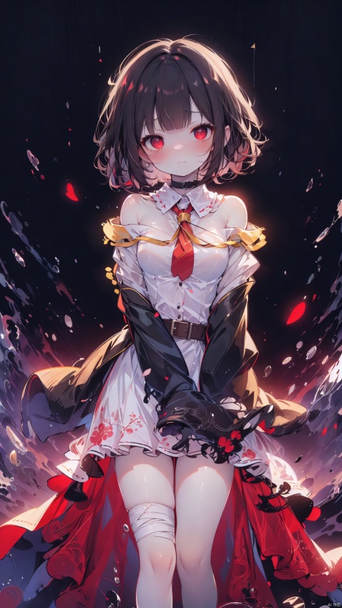 (cowboy shot,4349,4349,4349:1),meguminschool,loli,beautiful detailed girl,narrow waist,very small breasts,Delicate cute face,choker,nose blush,blush,sabotaged clothes,torn clothes,broken clothes,torn shirt,off shoulder,(red eyes),beautiful detailed eyes,((black hair)),short hair,hair behind ear,glowing hair,Extremely delicate longhair,Thin leg,bandaged leg,bandaged arm,(standing,hands on own crotch),hungry(expression),wavy mouth,drooling,beautiful detailed mouth,ruby(ornament),ruins,broken window,hyper realistic,magic,8k,incredible quality,best quality,masterpiece,highly detailed,extremely detailed CG,cinematic lighting,full body,high defin,(perfect hands, perfect anatomy)