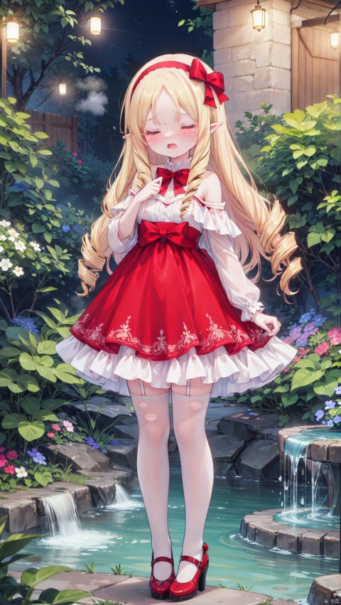  (4349,4349,4349:1), yamada elf,Little girl(1.4),aged down,beautiful detailed girl,narrow waist,very small breasts,Glowing skin,steaming body,Delicate cute face,pointy ears,pink dress,fine fabric emphasis,ornate clothes,torn clothes,undressing,off_shoulder,brown eyes,beautiful detailed eyes,Glowing eyes,((half-closed eyes)),((blonde hair)),((drill hair,red bow hairband)),parted bangs,forehead,long hair,glowing long hair,Extremely delicate longhair,Thin leg,white legwear garter,beautiful detailed fingers,Slender fingers,steepled fingers,Shiny nails,(standing,finger to eye),tearful(expression),teardrop on the face,Tears on the chin,open mouth,wavy mouth,mouth drool,screaming,heavy breathing,beautiful detailed mouth,looking at viewer,semen in the mouth,semen on the hair,semen on the face,too many semen on the breasts,too many semen dripping from the body,blood on between legs,semen(ornament),garden, fountain,hyper realistic,magic,8k,incredible quality,best quality,masterpiece,highly detailed,extremely detailed CG,cinematic lighting,backlighting,full body,high definition,detail enhancement,(perfect hands, perfect anatomy),detail enhancement,
