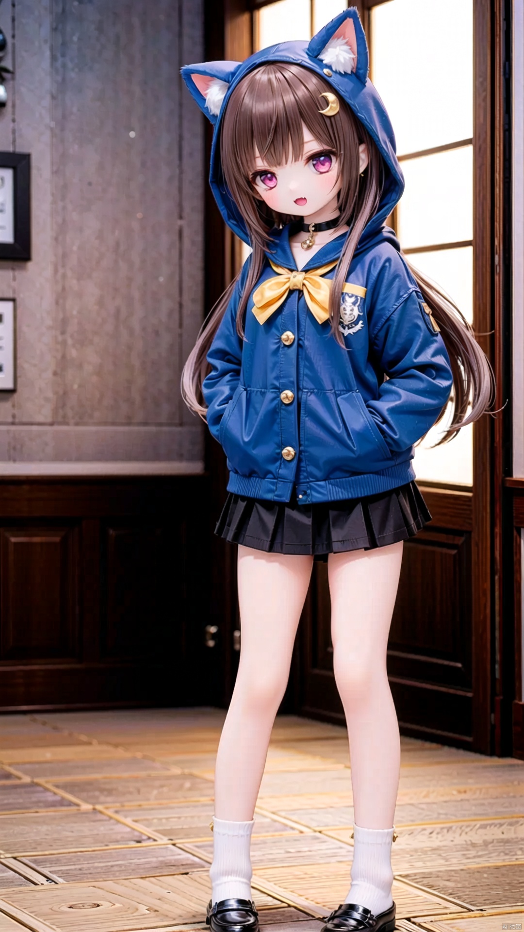  Human Girls,Little girl（0.6）,beautiful detailed girl,narrow waist,small breasts,Glowing skin,hood,cat hood,hood up,ruby star Earrings,Delicate cute face,hogwarts school uniform,pleated skirt,cutoffs,fine fabric emphasis,ornate clothes,amber eyes,beautiful detailed eyes,Glowing eyes,((half-closed eyes)),((brown hair)),((bunches,long hair)),glowing long hair,Extremely delicate longhair,gold star Necklace,Thin leg,loose socks,Slender fingers,steepled fingers,Shiny nails,smug(expression),standing,hands in pockets,:3,open mouth,tongue out,fangs out,long fang,beautiful detailed mouth,crescent moon(ornament),palace, Gold coin pile,hyper realistic,magic,8k,incredible quality,best quality,masterpiece,highly detailed,extremely detailed CG,cinematic lighting,full body,lots of gold coins falling,high definition,detail enhancement
