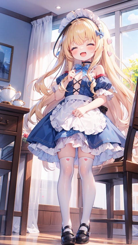 from below,queen elizabeth (azur lane),Little girl(1.5),aged down,beautiful detailed girl,narrow waist,(very small breasts),Delicate cute face,choker,maid,maid apron,frilled apron,maid headdress,blue dress,official alternate costume,fine fabric emphasis,ornate clothes,off shoulder,open clothes,torn dress,sabotaged clothes,torn clothes,broken clothes,torn shirt,blue eyes,beautiful detailed eyes,Glowing eyes,((half-closed eyes,heart-shaped pupils)),((blonde hair)),((hair spread out)),very long shoulder,glowing hair,Extremely delicate hair,Thin leg,white legwear garter,black footwear,Slender fingers,steepled fingers,shiny nails,(sitting on chair,crossed legs,teacup on desk),ahegao(expression),smile,open mouth,drooling,fangs out,big fangs,puffy cheeks,beautiful detailed mouth,looking down at viewer,bow(ornament),window,table,hyper realistic,magic,8k,incredible quality,best quality,masterpiece,highly detailed,extremely detailed CG,cinematic lighting,backlighting,full body,high definition,detail enhancement,(perfect hands, perfect anatomy),8k_wallpaper,extreme details,colorful