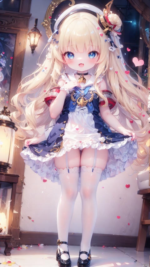  from below,queen elizabeth (azur lane),Little girl(1.5),aged down,beautiful detailed girl,narrow waist,Delicate cute face,anchor choker,(anchor print naval uniform),blue princess dressshoulders,ornate clothes,fine fabric emphasis,torn dress,broken skirt,torn clothes,broken clothes,blue eyes,beautiful detailed eyes,Glowing eyes,((heart-shaped pupils)),((blonde hair)),((hair spread out,wavy hair)),very long shoulder,glowing hair,Extremely delicate hair,Thin leg,white legwear garter,black footwear,Slender fingers,steepled fingers,shiny nails,((clothes pull,clothing aside)),ahegao(expression),smile,open mouth,tongue out,licking lips,drooling,heavy breathing,fangs out,big fangs,puffy cheeks,beautiful detailed mouth,looking down at viewer,anchor (ornament),warship,harbor,royal navy (emblem),royal navy flag,hyper realistic,magic,4k,incredible quality,best quality,masterpiece,highly detailed,extremely detailed CG,cinematic lighting,light particle,backlighting,full body,high definition,detail enhancement,(perfect hands, perfect anatomy),8k_wallpaper,extreme details,colorful