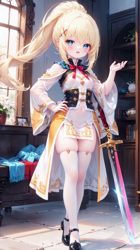 darkness (konosuba),paladin,petite child(1.5),aged down,chibi,extremely delicate and beautiful girls,narrow waist,Glowing skin,Delicate cute face,blush sticker,blush,knight armor,white and gold clothes,fine fabric emphasis,ornate clothes,((blue eyes)),beautiful detailed eyes,Glowing eyes,((heart-shaped pupils)),((blonde hair)),((ponytail,x hair ornament)),very long hair,Extremely delicate hair,Thin leg,black thighhighs,beautiful detailed fingers,steepled fingers,(beautiful detailed hands),((standing,hand on hip,arm up,Holding a long sword high)),ahegao(expression),smile,tongue out,licking lips,drooling,fangs out,big fangs,puffy cheeks,beautiful detailed mouth,Looking down at viewer,semen in the mouth,heart(ornament),palace,shield decorated on the wall,long sword,hyper realistic,magic,8k,incredible quality,best quality,masterpiece,highly detailed,extremely detailed CG,cinematic lighting,backlighting,full body,high definition,detail enhancement,(perfect hands, perfect anatomy),8k_wallpaper,extreme details,colorful,
