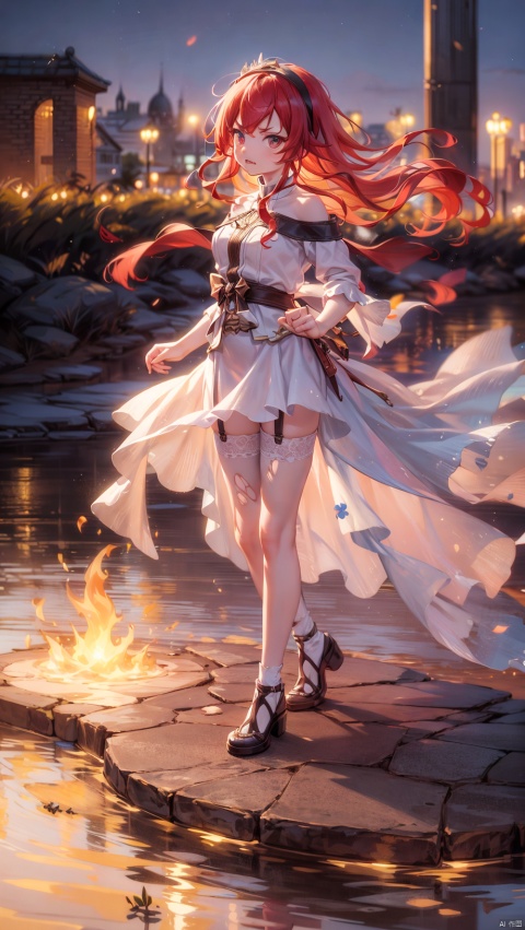  card background,erisc,loli,beautiful detailed girl,narrow waist,very small breasts,Glowing skin,Delicate cute face,bare shoulders,long sleeves,torn dress,broken skirt,torn clothes,broken clothes,red eyes eyes,beautiful detailed eyes,glowing eyes,(raised eyebrow),((red hair)),((long hair,hairband)),Glowing hair,Extremely delicate hair,Thin leg,white legwear garter,beautiful detailed fingers,Slender fingers,steepled fingers,Shiny nails,standing,((raised fist,incoming punch,attack at viewer)),angry(expression),closed mouth,clenched teeth,beautiful detailed mouth,looking at viewer,bow(ornament),garden, fountain,hyper realistic,magic,8k,incredible quality,best quality,masterpiece,highly detailed,extremely detailed CG,cinematic lighting,backlighting,full body,high definition,detail enhancement,(perfect hands, perfect anatomy), detail enhancement