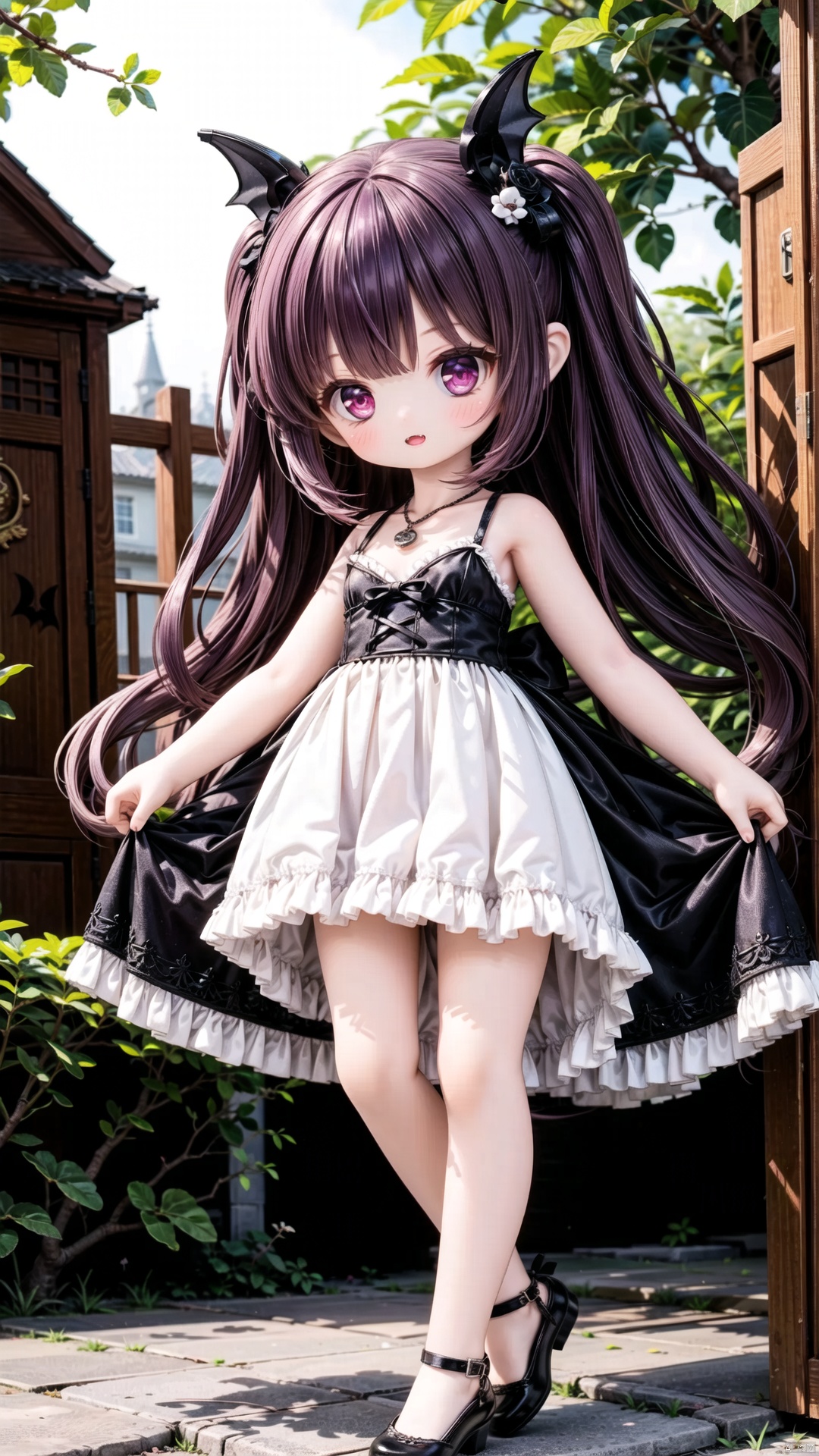gothic lolita,female child,Little girl（1.8）,aged down,beautiful detailed girl,narrow waist,small breasts,Glowing skin,steaming body,Delicate cute face,black princess dress,fine fabric emphasis,ornate clothes,red Eyes,beautiful detailed eyes,Glowing eyes,((Deep purple hair)),long hair,wavy hair,glowing hair,Extremely delicate longhair,bat hair ornament,Red Heart Necklace,bare legs,Thin leg,bare arms,Slender fingers,steepled fingers,Shiny nails,mischievous smile(expression),fangs out,beautiful detailed lips,bat(ornament),garden, fountain,hyper realistic,magic,8k,incredible quality,best quality,masterpiece,highly detailed,extremely detailed CG,cinematic lighting