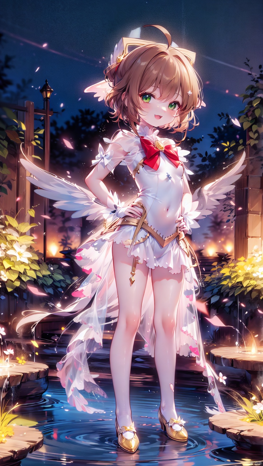  card background,kinomoto sakura,magical girl,loli,beautiful detailed girl,narrow waist,very small breasts,Glowing skin,Delicate cute face,glowing wings,transparent wings,torn clothes,broken clothes,transparent clothes,green eyes,beautiful detailed eyes,glowing eyes,(half-closed eyes),((brown hair)),((short hair,wing hair)),red hair bow,ahoge,Glowing hair,Extremely delicate hair,Thin leg,white legwear garter,beautiful detailed fingers,Slender fingers,steepled fingers,Shiny nails,standing,((hands on hips)),mischievous smile(expression),open mouth,tongue out,fangs out,beautiful detailed mouth,looking at viewer,bow(ornament),garden, fountain,hyper realistic,magic,8k,incredible quality,best quality,masterpiece,highly detailed,extremely detailed CG,cinematic lighting,backlighting,full body,high definition,detail enhancement,(perfect hands, perfect anatomy), kinomoto sakura
