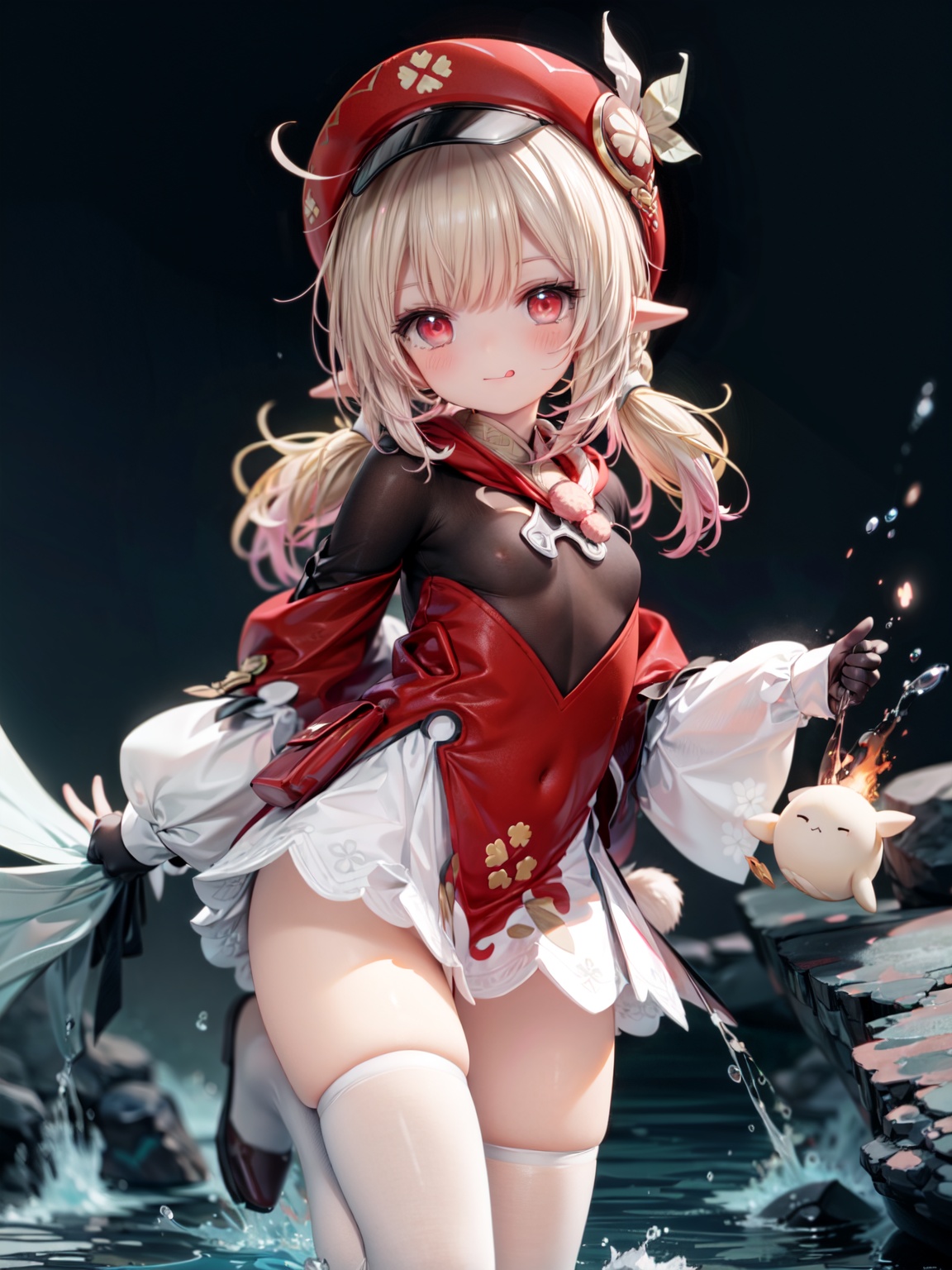  klee (genshin impact),ornate clothes, gloves, hat, low twintails, blonde hair, small breasts, pointy ears,((kirara jump)), looking at viewer, Red randoseru,blush, ((red eyes)), Glowing eyes, delicate and lovely face, mischievous smile(expression),tongue out, thighhighs, Thin leg,explosion(background), explosion, night, magic, best quality, masterpiece, extremely detailed CG, 8k_wallpaper