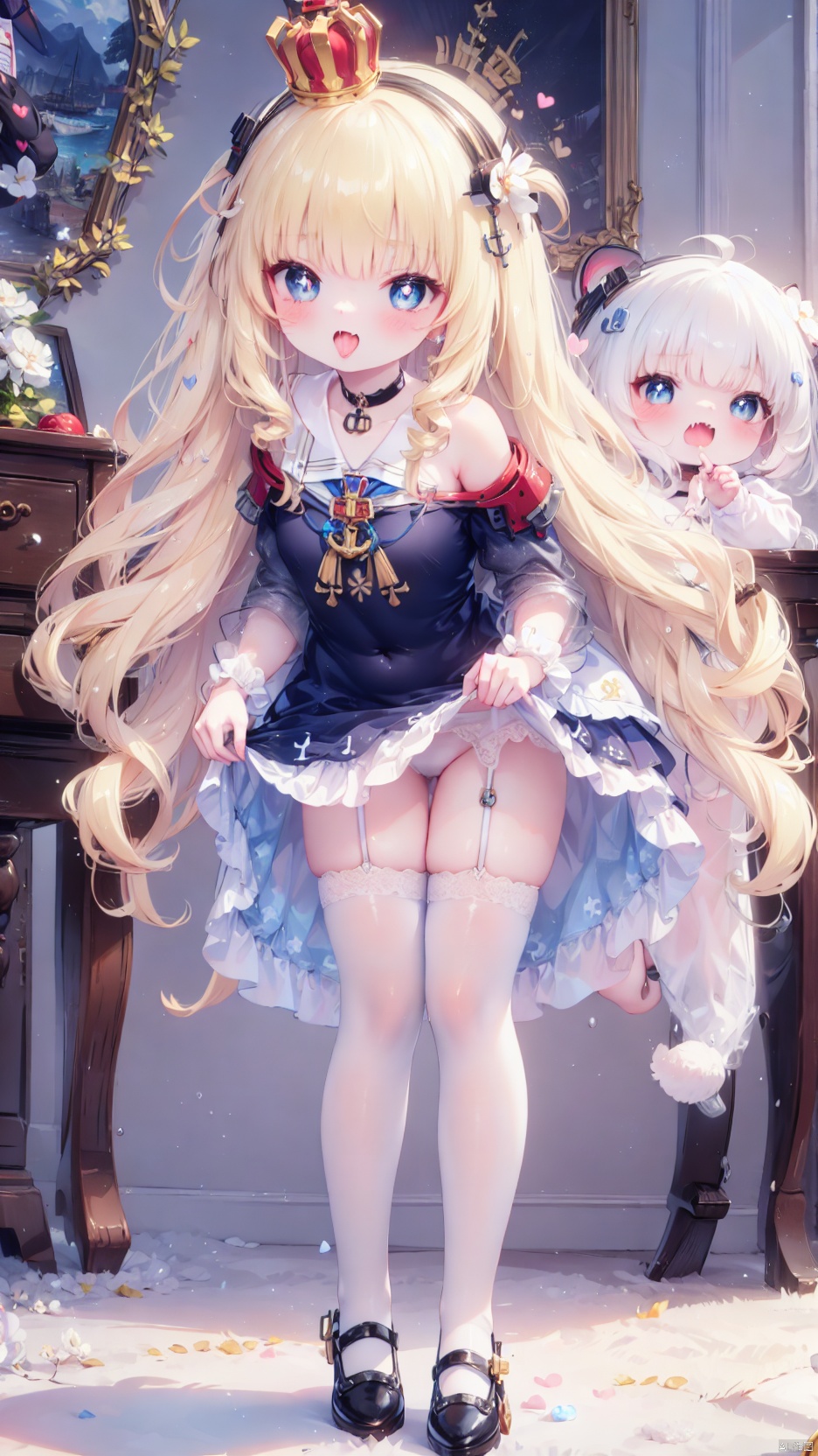 from below,queen elizabeth (azur lane),Little girl(1.5),aged down,beautiful detailed girl,narrow waist,Delicate cute face,princess crown,small crown,anchor choker,(anchor print naval uniform),blue princess dress,bare shoulders,ornate clothes,fine fabric emphasis,blue eyes,beautiful detailed eyes,Glowing eyes,((heart-shaped pupils)),((blonde hair)),((hair spread out,wavy hair)),very long shoulder,glowing hair,Extremely delicate hair,Thin leg,white legwear garter,black footwear,Slender fingers,steepled fingers,shiny nails,((clothes pull,**********)),ahegao(expression),smile,open mouth,tongue out,licking lips,drooling,heavy breathing,fangs out,big fangs,puffy cheeks,beautiful detailed mouth,looking down at viewer,anchor (ornament),warship,harbor,royal navy (emblem),royal navy flag,hyper realistic,magic,4k,incredible quality,best quality,masterpiece,highly detailed,extremely detailed CG,cinematic lighting,light particle,backlighting,full body,high definition,detail enhancement,(perfect hands, perfect anatomy),8k_wallpaper,extreme details,colorful