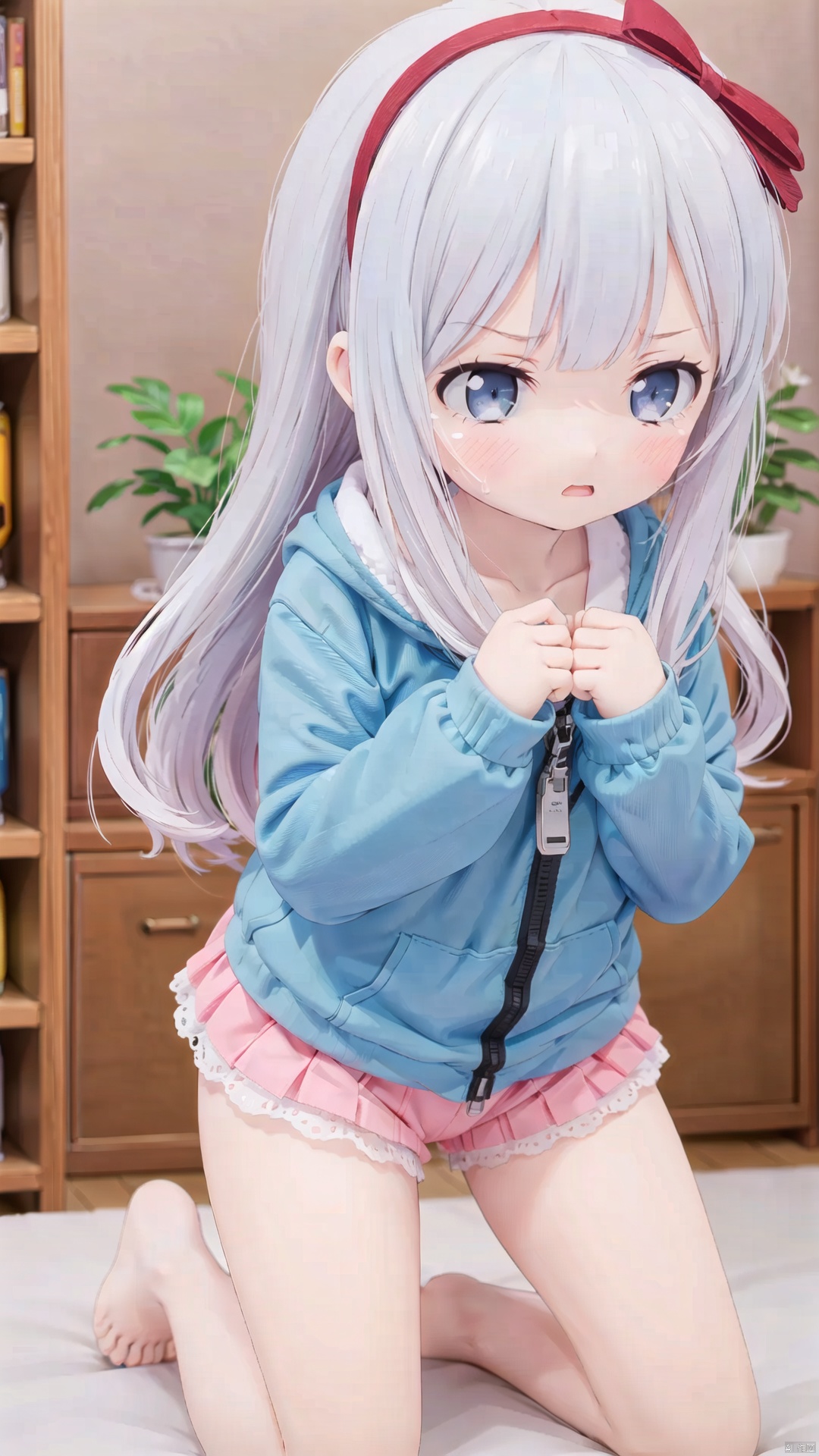  izumi sagiri,little girl(1.4),aged down,beautiful detailed girl,narrow waist,small breasts,Delicate cute face,nose blush,blush,green hoodie,unzipped hoodie,Wearing a pink dress under the hoodie,fine fabric emphasis,ornate clothes,**********,aqua eyes,beautiful detailed eyes,half-closed eyes,((Silver gradient hair)),((hair slicked back)),glowing long hair,Extremely delicate longhair,Thin leg,white legwear garter,Slender fingers,steepled fingers,pink nails,tearful(expression),teardrop on the face,Tears on the chin,wavy mouth,beautiful detailed mouth,kneeling,wariza,looking at viewer,pink hair bow(ornament),bedroom,bed,hyper realistic,magic,8k,incredible quality,best quality,masterpiece,highly detailed,extremely detailed CG,cinematic lighting,full body,high defin
