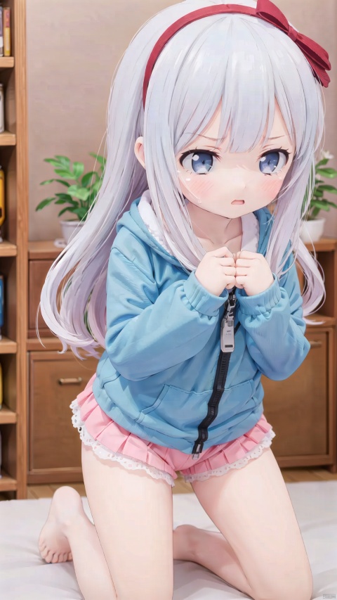  izumi sagiri,little girl(1.4),aged down,beautiful detailed girl,narrow waist,small breasts,Delicate cute face,nose blush,blush,green hoodie,unzipped hoodie,Wearing a pink dress under the hoodie,fine fabric emphasis,ornate clothes,undressing,aqua eyes,beautiful detailed eyes,half-closed eyes,((Silver gradient hair)),((hair slicked back)),glowing long hair,Extremely delicate longhair,Thin leg,white legwear garter,Slender fingers,steepled fingers,pink nails,tearful(expression),teardrop on the face,Tears on the chin,wavy mouth,beautiful detailed mouth,kneeling,wariza,looking at viewer,pink hair bow(ornament),bedroom,bed,hyper realistic,magic,8k,incredible quality,best quality,masterpiece,highly detailed,extremely detailed CG,cinematic lighting,full body,high defin